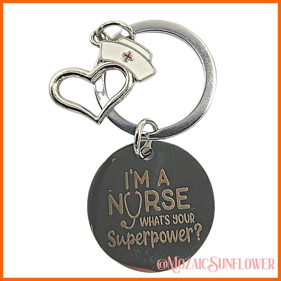 I'm A Nurse What's Your Superpower Engraved Silver Keychain with Charms Attached - Picture 3 of 3